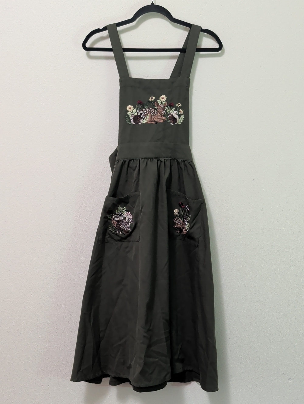 Embroidered Olive Green Pinafore Midi Dress